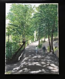Doris Thomson,  A walk in the woods. Dalkeith.  Oil on canvas  30cm x 40cm. NFS