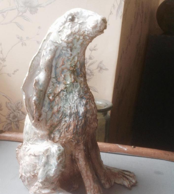 Annie Bruckner, Ceramics, Moon gazing hare.  Materials.   Stone ware.  12 inches in height x 8 inches at widest (base).      £120