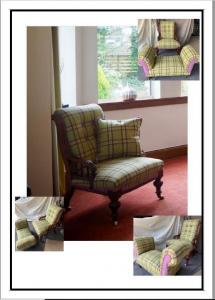 Lillian Stewart, Upholstered Antique Chair & Footstool. Moon Fabric. For Sale. Contact Member
