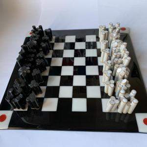 Russell Frith,  Chess Set and Board, ceramic and glass, 30.5x35.5cm, tallest pieces 5.5cm,  NFS   