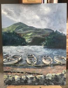 Mandy McGowan, Small Boats, acrylic on canvas board, 46x35cm, £50Glencorse Reservoir, Pentland Hills
