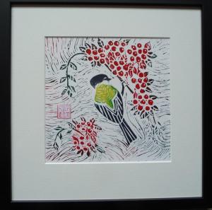 Valerie Pellatt, Winter Feast, lino block print on paper (framed) 29x29.5cm, £75   